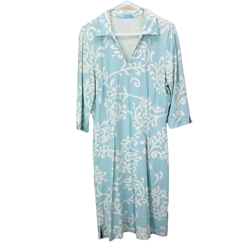 J. McLaughlin Blue Catalina Cloth 3/4 Sleeve Stretch Cadence Dress Size MEDIUM - Picture 3 of 12